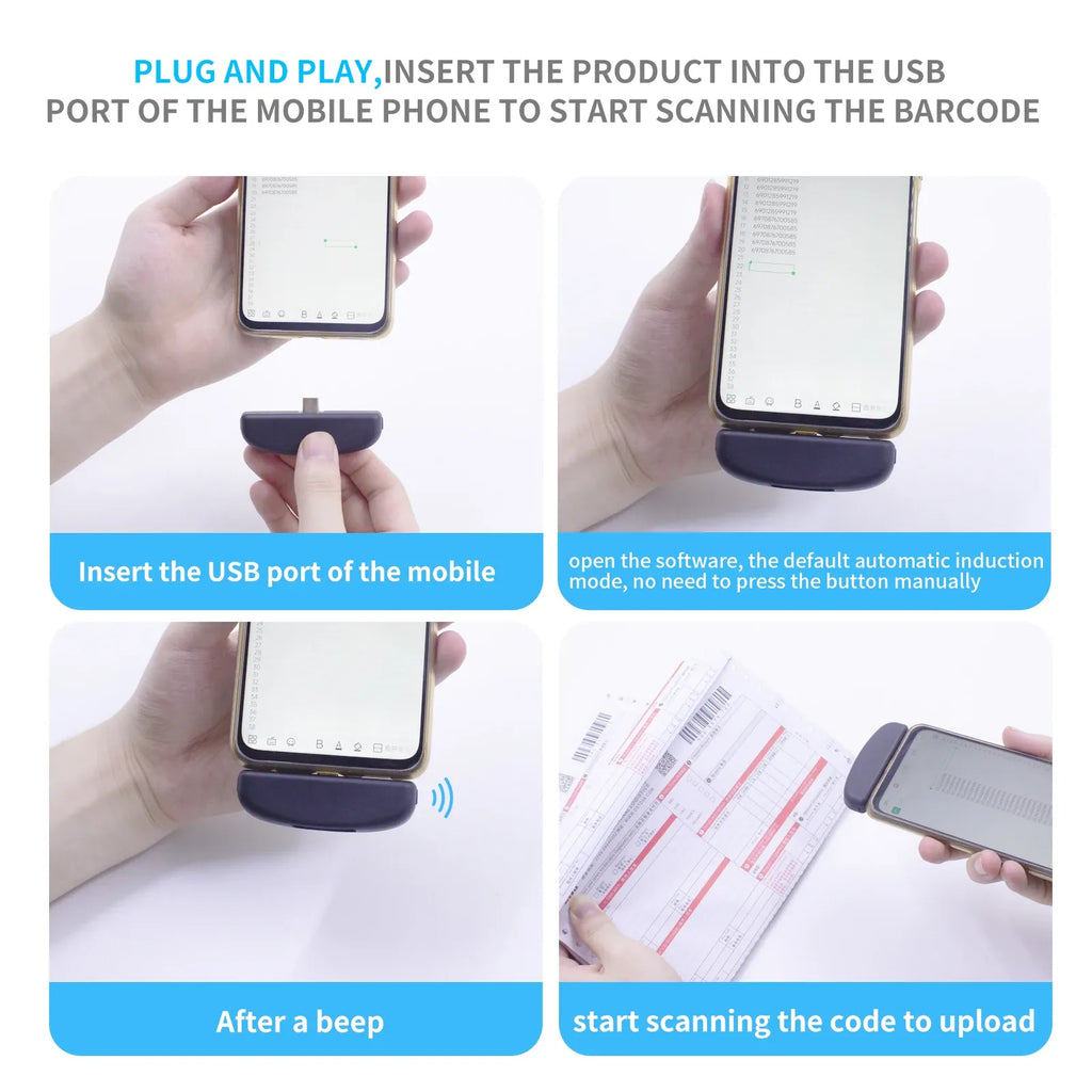 2D barcode scanner phone accessory with USB plug dock and scanning cradle
