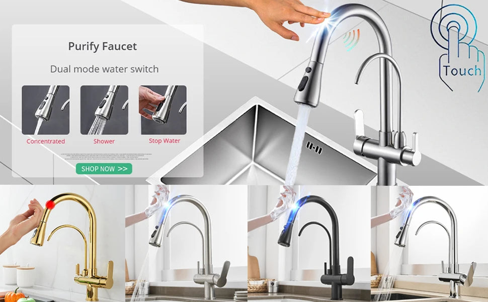 White Hot Cold Filter Kitchen Sink Faucets 3 Ways Pure Water Pull Out Kitchen Sink Mixer Tap Brass Filter Kitchen Sink Faucet
