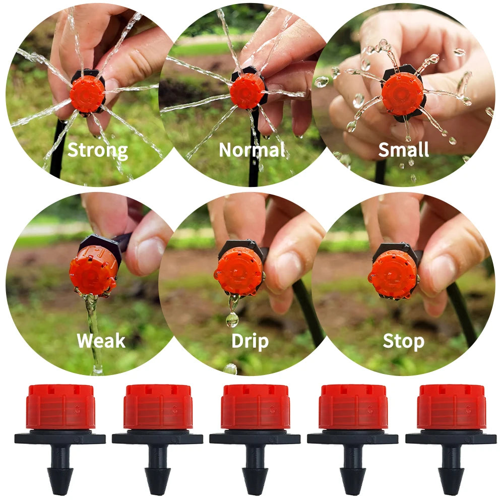 Red adjustable drip emitter heads showing mist spray settings