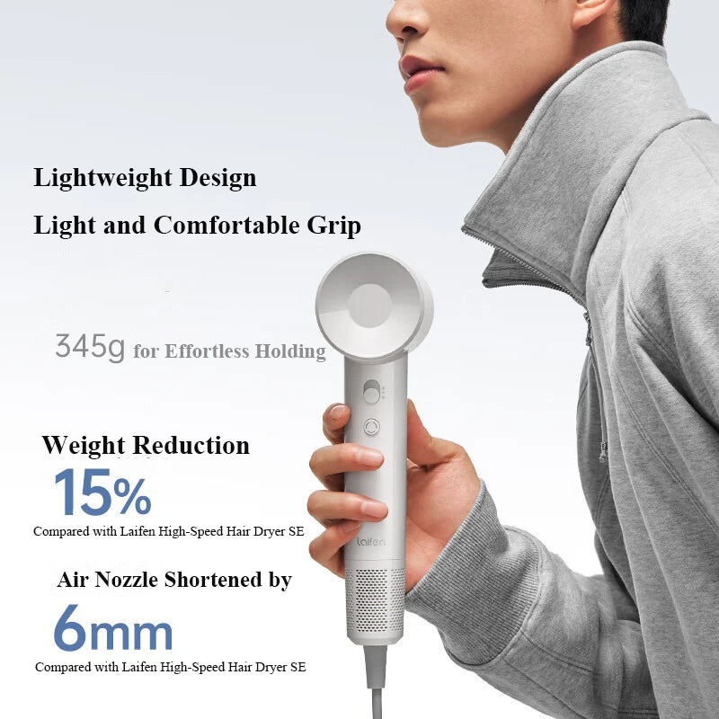 Lightweight 345g high-speed hair dryer in white with compact nozzle design for fast, quiet, constant-temperature drying.
