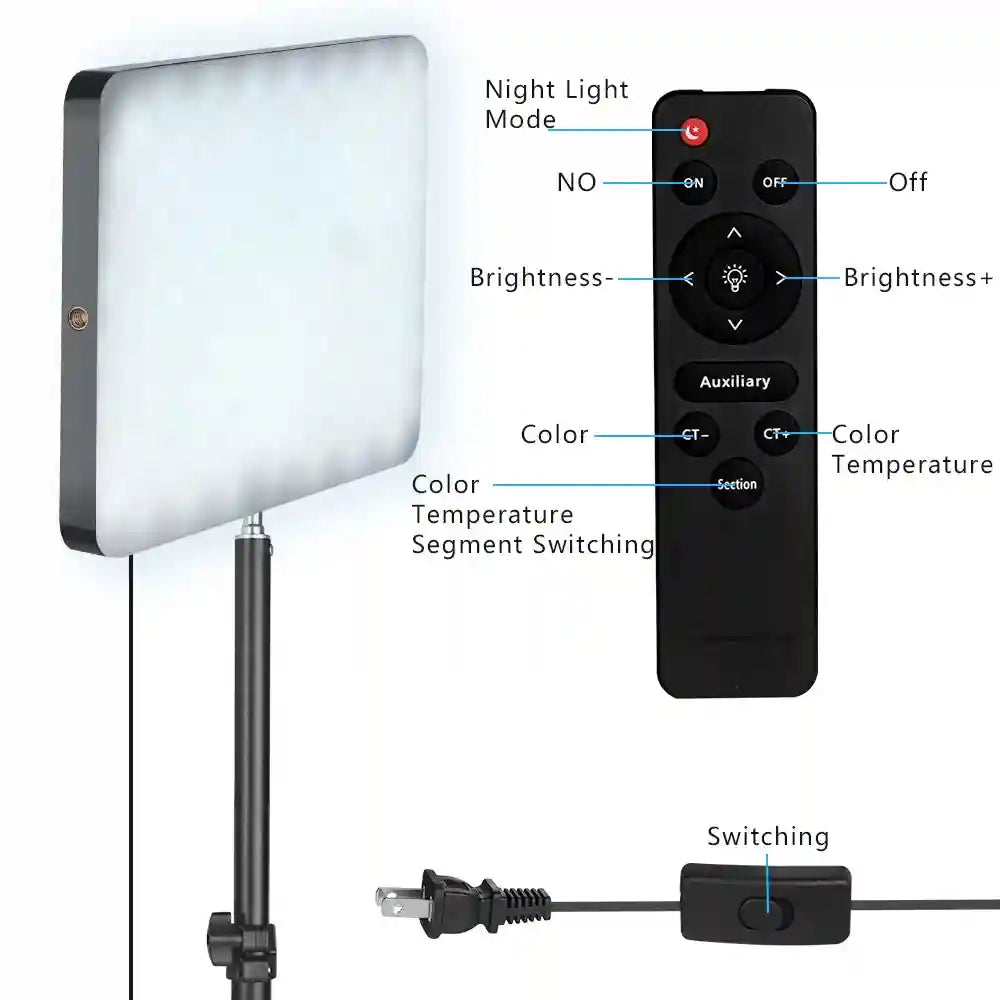 Square LED panel light on an adjustable stand with a remote control and power cord for studio photography.