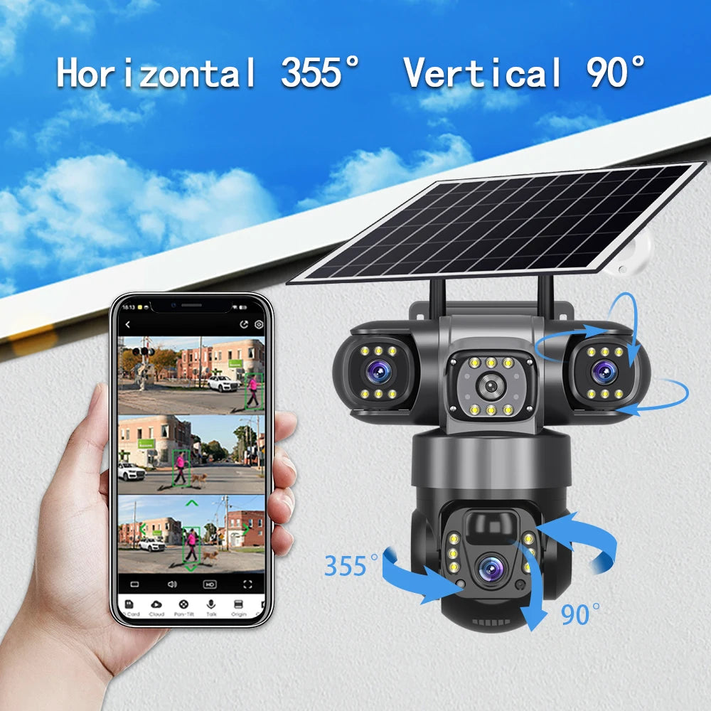 V380 Solar 4G IP Camera Outdoor 12MP 6K Triple Lenses Triple Screens Security Video Monitor Night Vision Waterproof CCTV Cameras