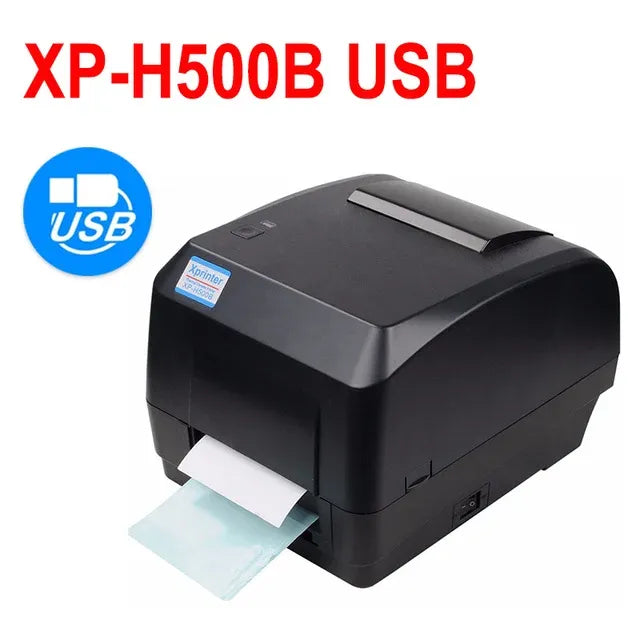 Black USB label barcode printer with outgoing label strip and brand name badge on front.