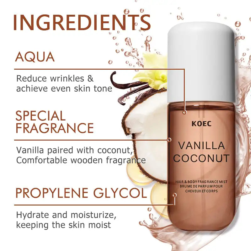 KOEC Vanilla & Coconut Hair & Body Fragrance Mist in a sleek cylindrical bottle. Moisturizing plant-based scent.