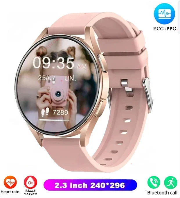 Rose gold smartwatch with round display showing time and fitness icons, silicone strap
