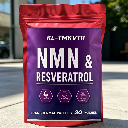 Anti-aging NMN & Resveratrol supplement in red and purple 30-count transdermal patch pouch for cellular health.