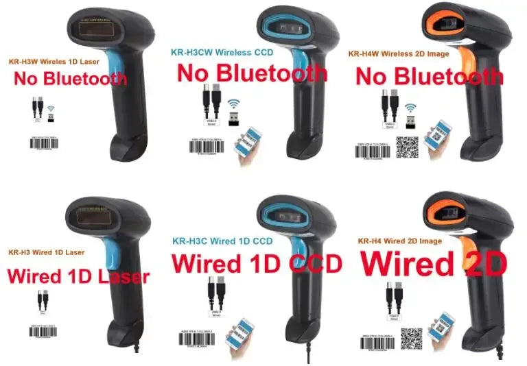 Multiple handheld barcode scanner options shown, different scan window colors and connection types