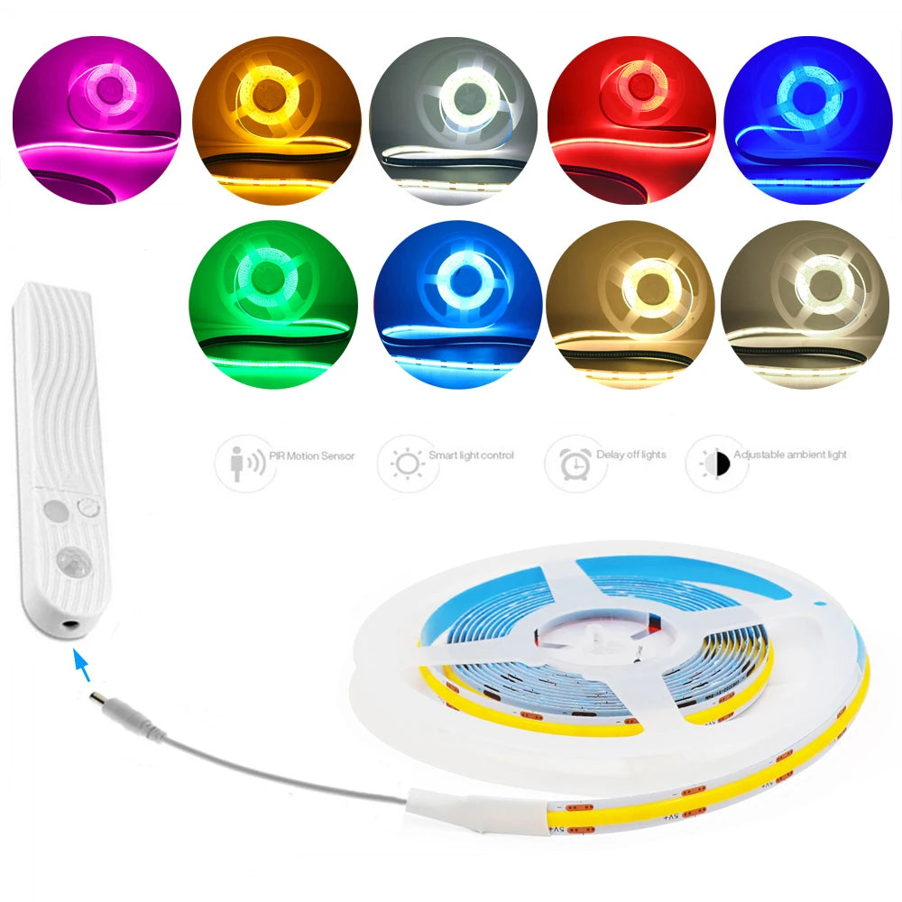 5V Motion Sensor LED COB Light Strip Human Induction USB/Battery Powered Flexible Lamp Under Cabinet Stairs Wardrobe Nightlights