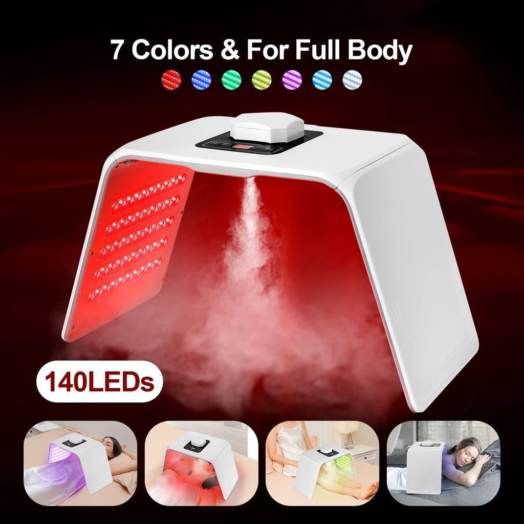 White arched light therapy lamp with 140 LEDs, mist diffuser, and digital control, used for full-body skincare