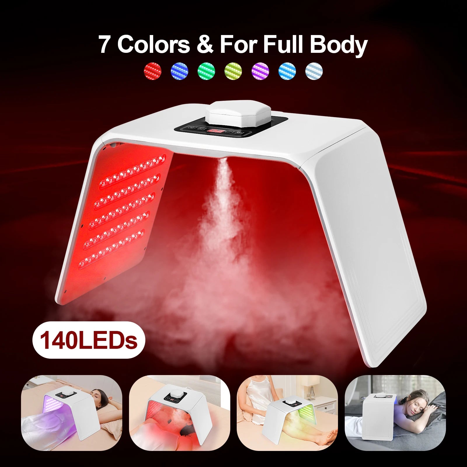 White arched light therapy lamp with 140 LEDs, mist diffuser, and digital control, used for full-body skincare
