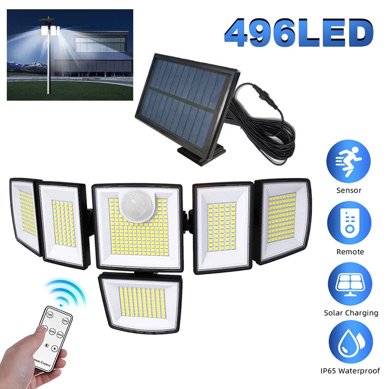Solar Light Outdoor 496 LED Integrated Super Bright Motion Sensor Strong Power IP65 Waterproof 3 Working Modes Garden Wall Security Lights