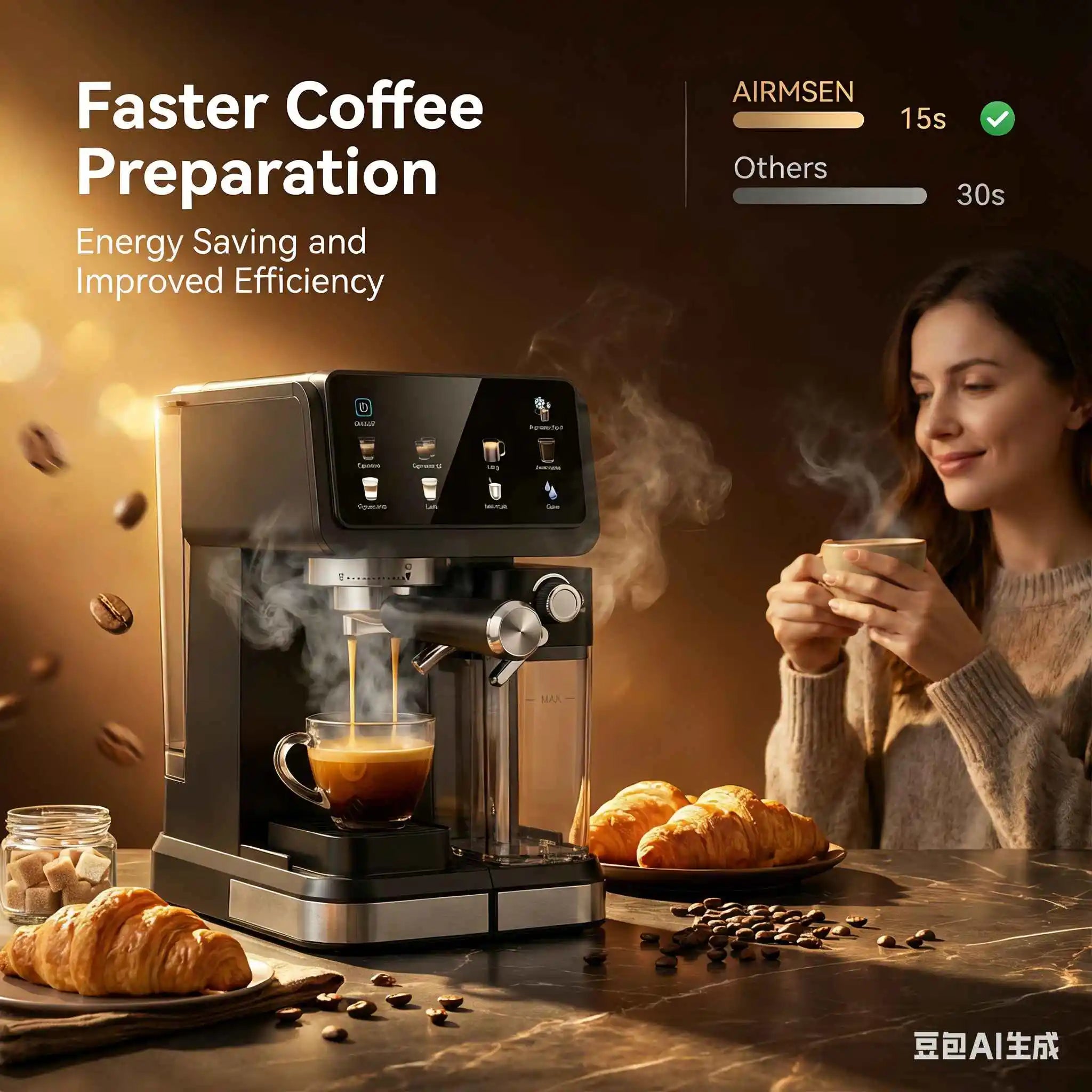 Airmsen black automatic espresso machine brewing coffee with a digital touchscreen display and clear water tank.