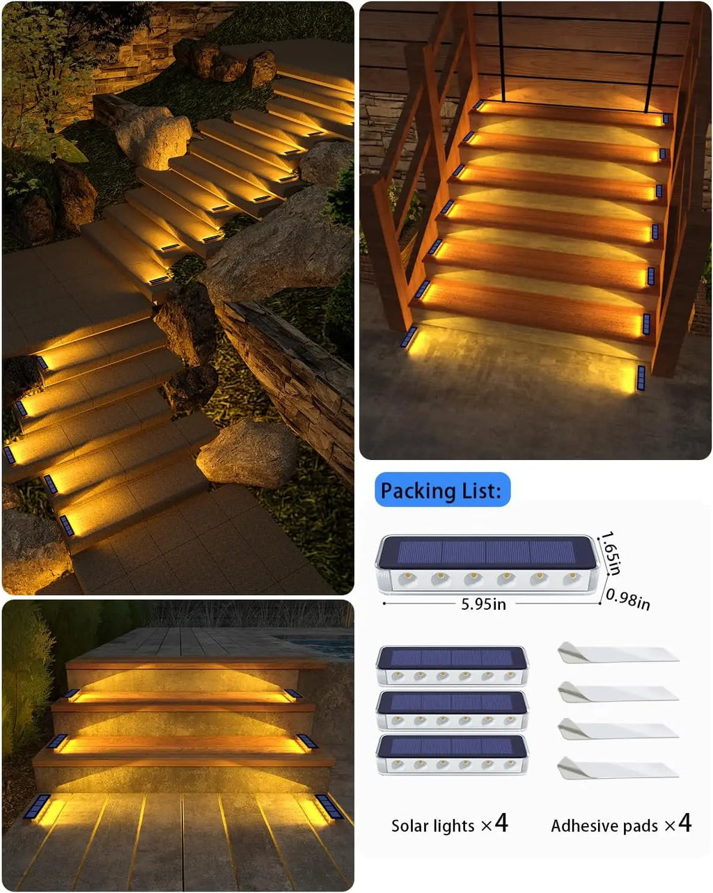 4 Pack Outdoor Solar LED Step Lights, IP68 Waterproof Auto On Off Solar Deck Stair Spot Lights, Solar Powered Landscape Lights for Walkway Patio Pathway Yard Garden