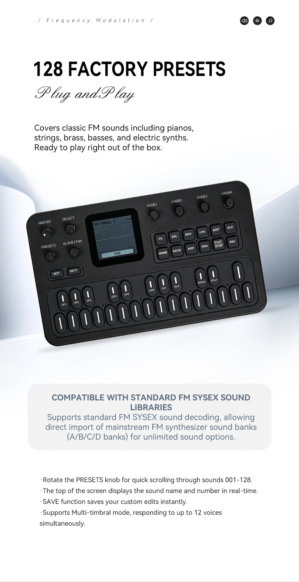 M-Vave Fm-1 Portable Fm Synthesizer Effect Pedal 12h Battery 6-Operator 32-Algorithm 128 Presets Built-In Speaker Bluetooth Midi