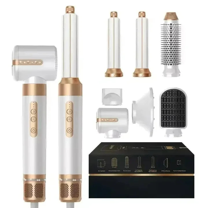 7-in-1 high-speed hair dryer set in white and gold with curling iron, straightener brush, and styling attachments.