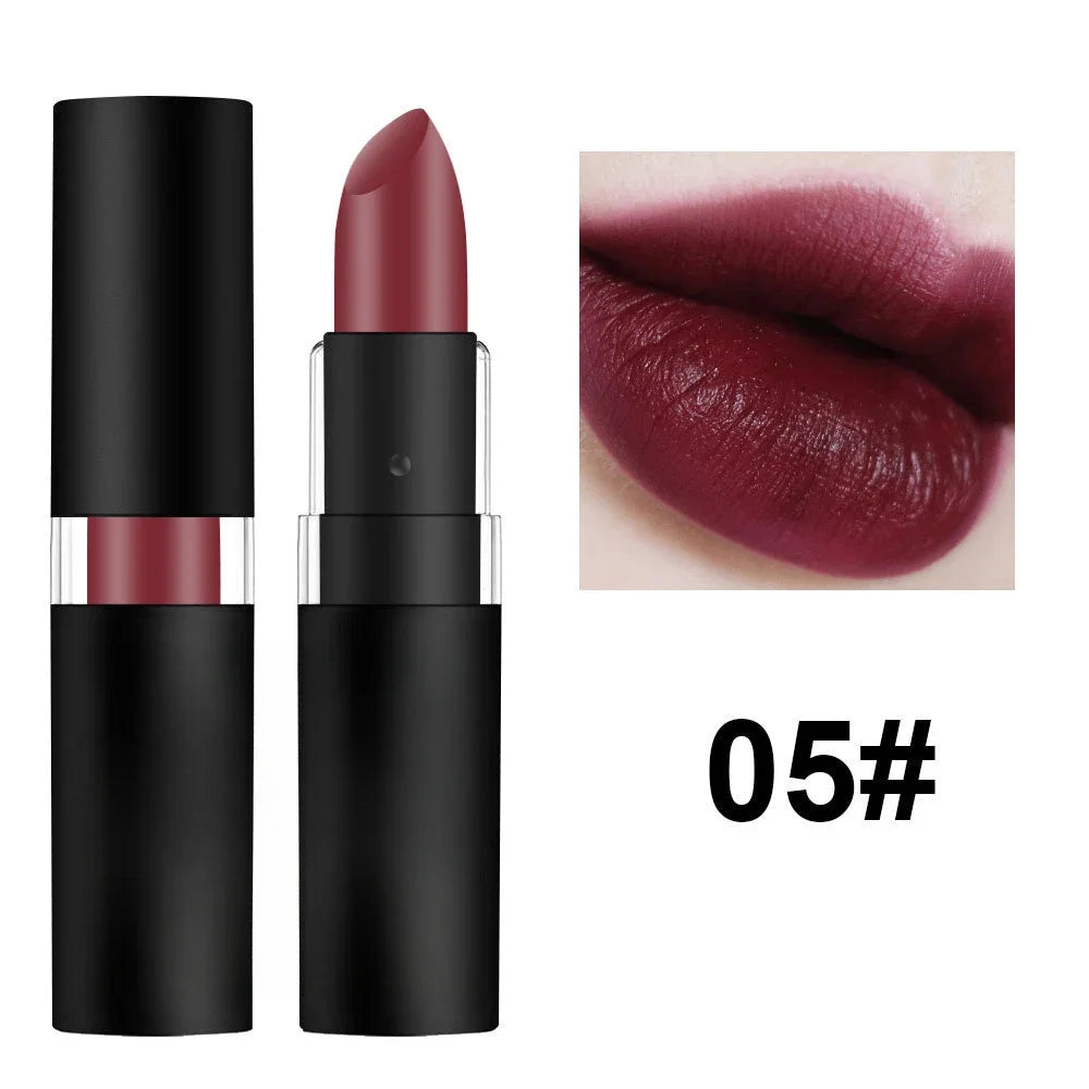 Dark wine red matte lipstick in black tube with swatch showing deep burgundy waterproof lip makeup, shade 05#.