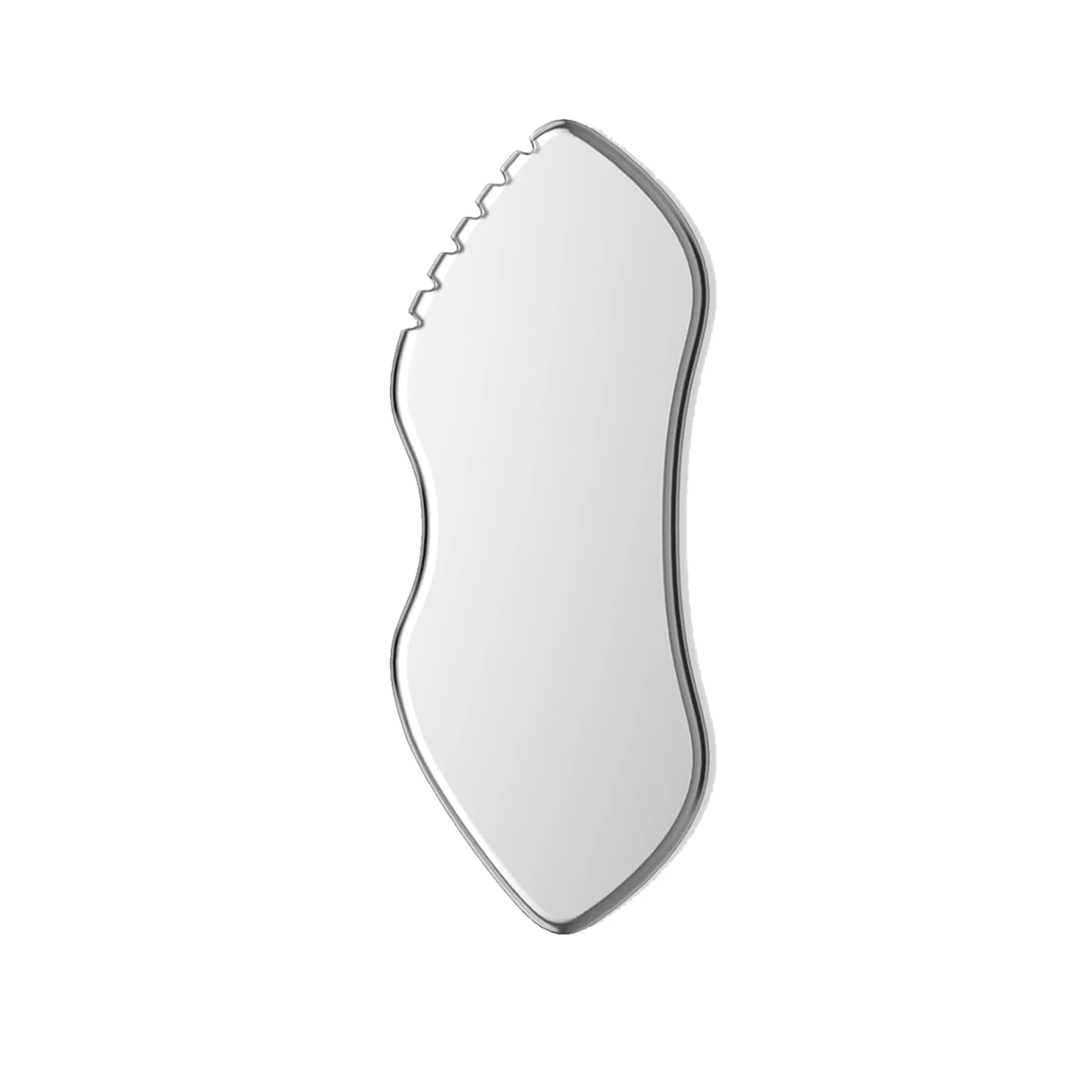 Silver stainless steel gua sha massage tool with a serrated edge, designed for facial and body contouring.