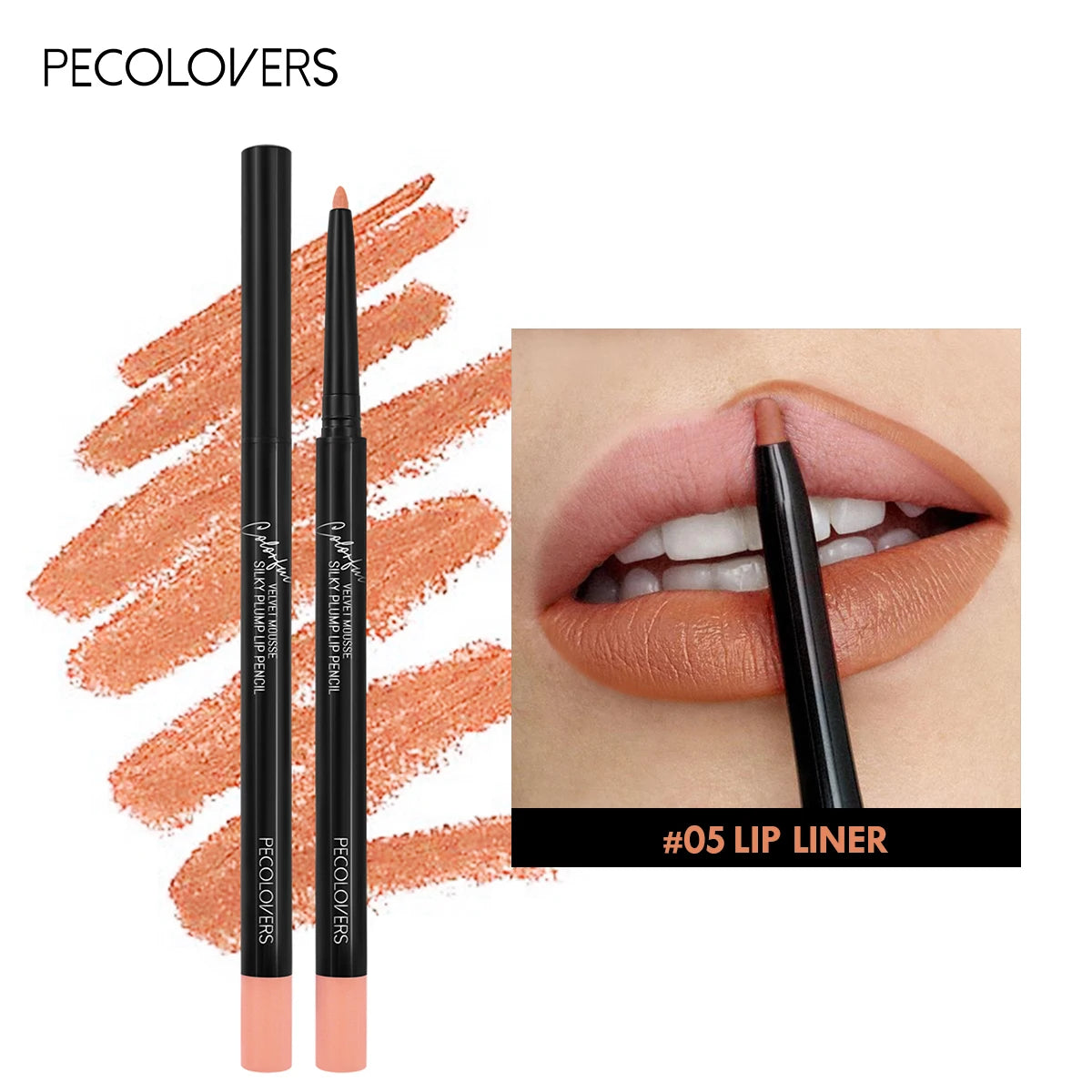 PECOLOVERS #05 long-lasting, waterproof matte lip liner pencil with a soft, dewy finish for precise lip definition.