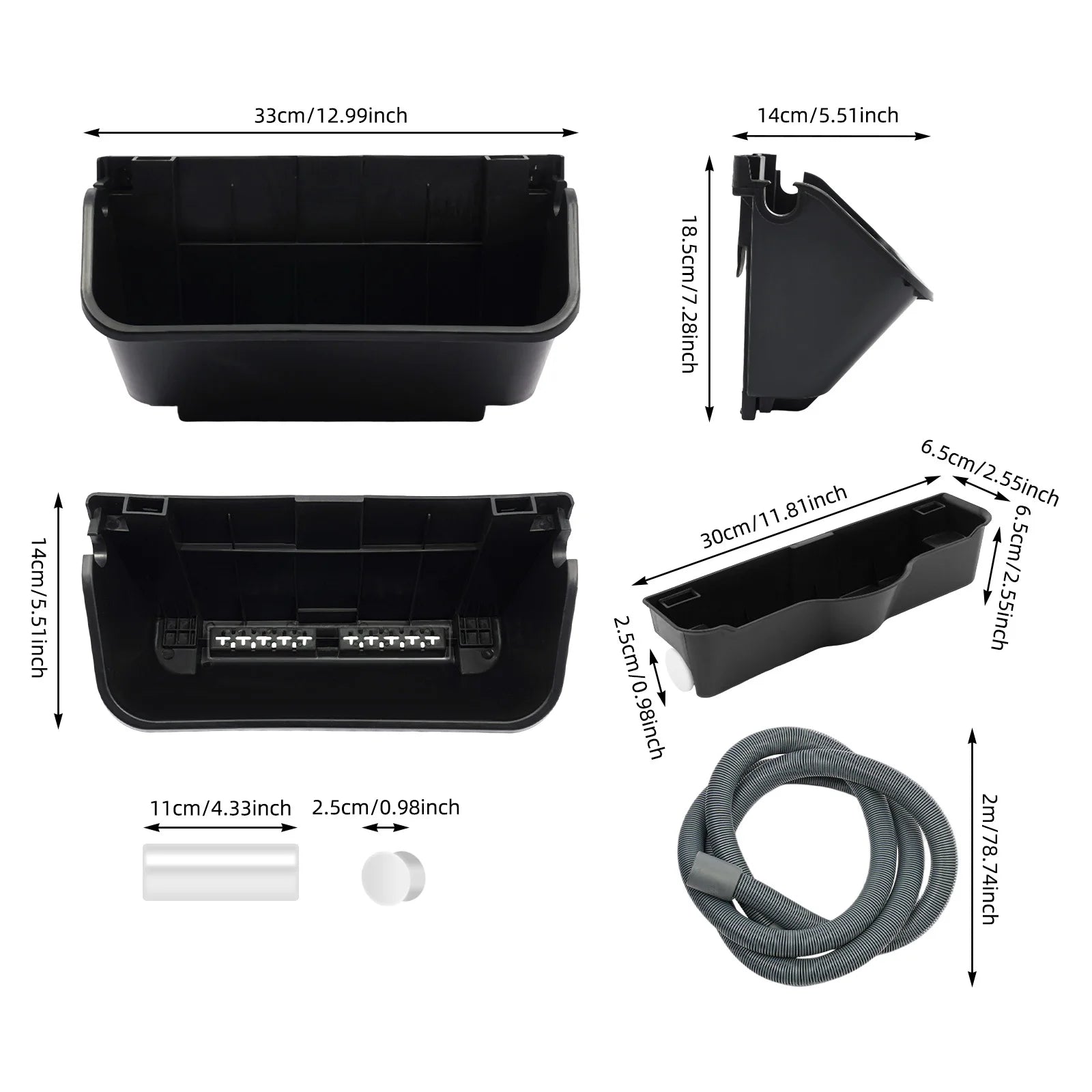 Black vertical planter components with dimensions and gray corrugated hose
