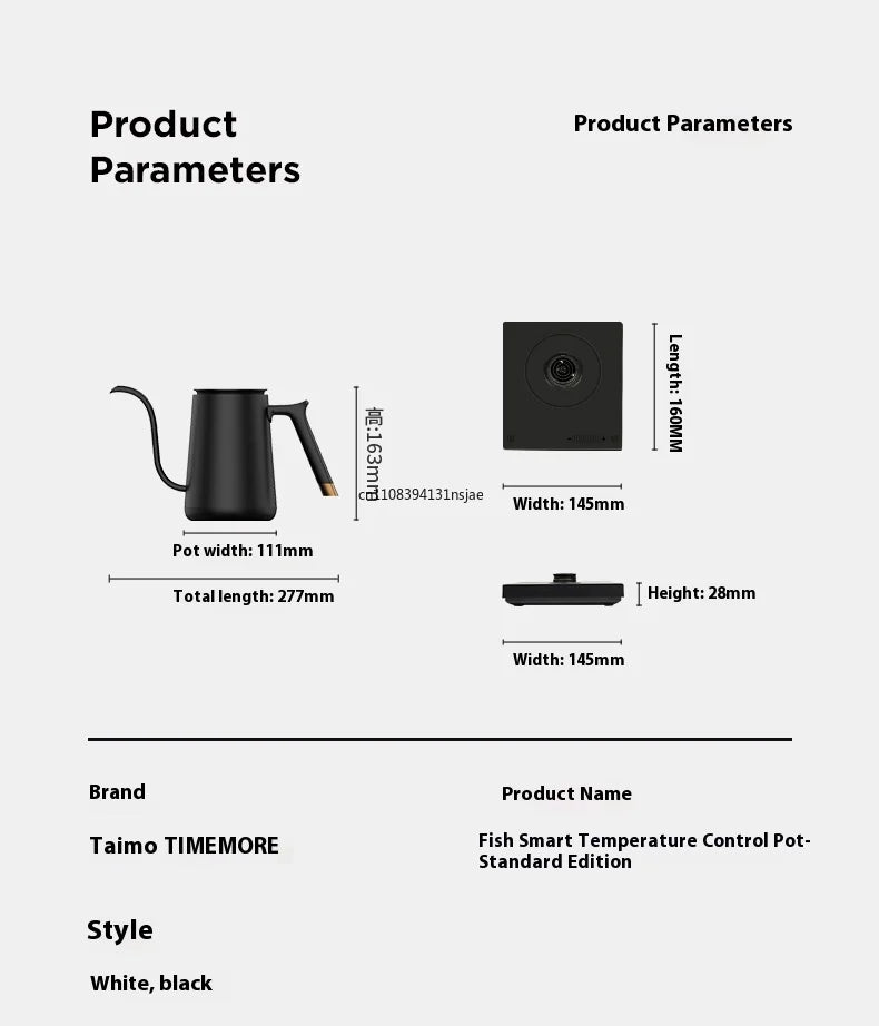 Timemore Fish smart temperature control gooseneck electric kettle in matte black with technical dimension specs.