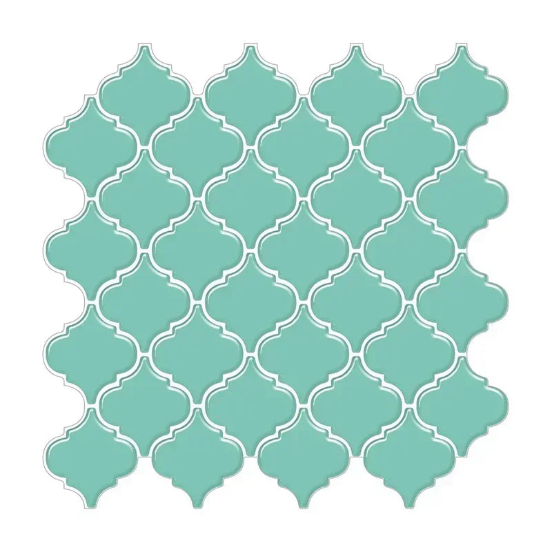 Teal self-adhesive mosaic vinyl wall tile stickers, quatrefoil lattice pattern.