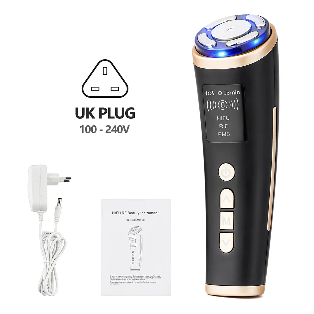 Black and gold handheld HIFU facial device with blue LED light, power cable, manual, and UK plug.
