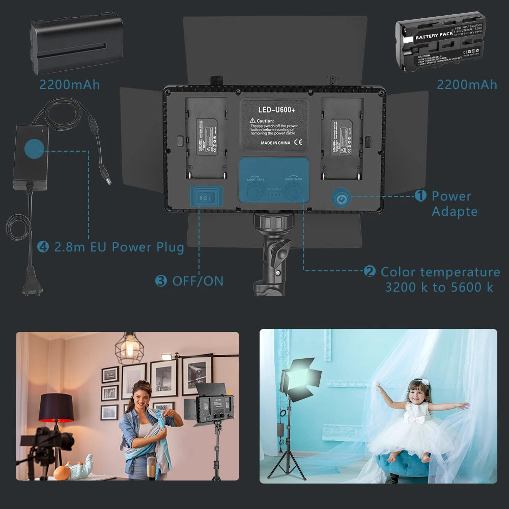 LED-U600+ video light panel with adjustable color temperature, batteries, and power adapter for studio photography.