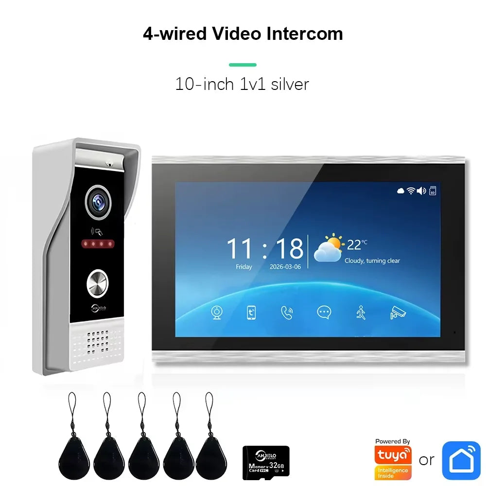 NEW TUYA 7/10 Inch WiFi 1080P Four Wire System Video Intercom Smart Home APP Wireless Video DoorPhone RFID Access Control System