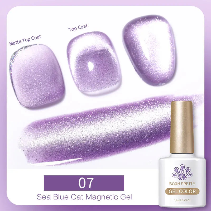 Sea Blue Cat Magnetic Gel polish in 10ml bottle, showing shimmering light purple samples with matte and glossy finishes.