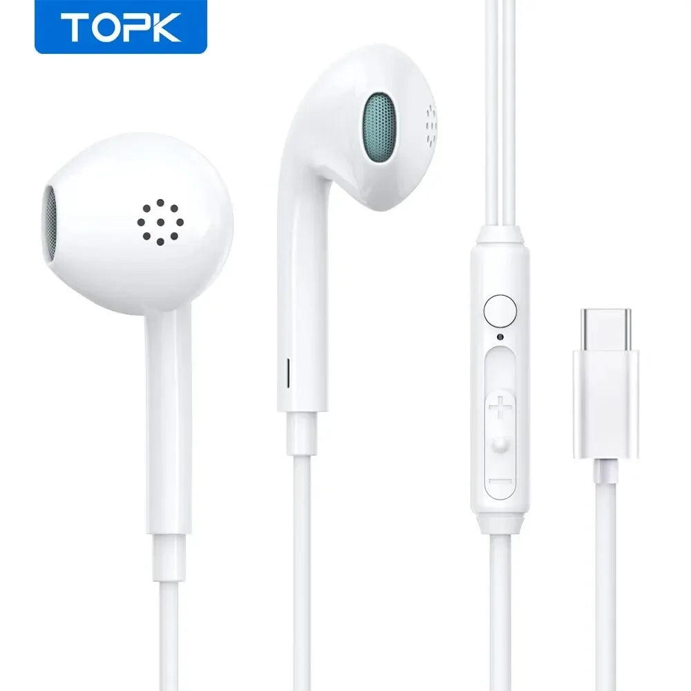 TOPK F20 3.5mm In-ear Headphone HiFi Sound Quality with Mic Type C Jack Earphone Original High Quality Headset Sport Headset White for TypeC Jack Tidesmit
