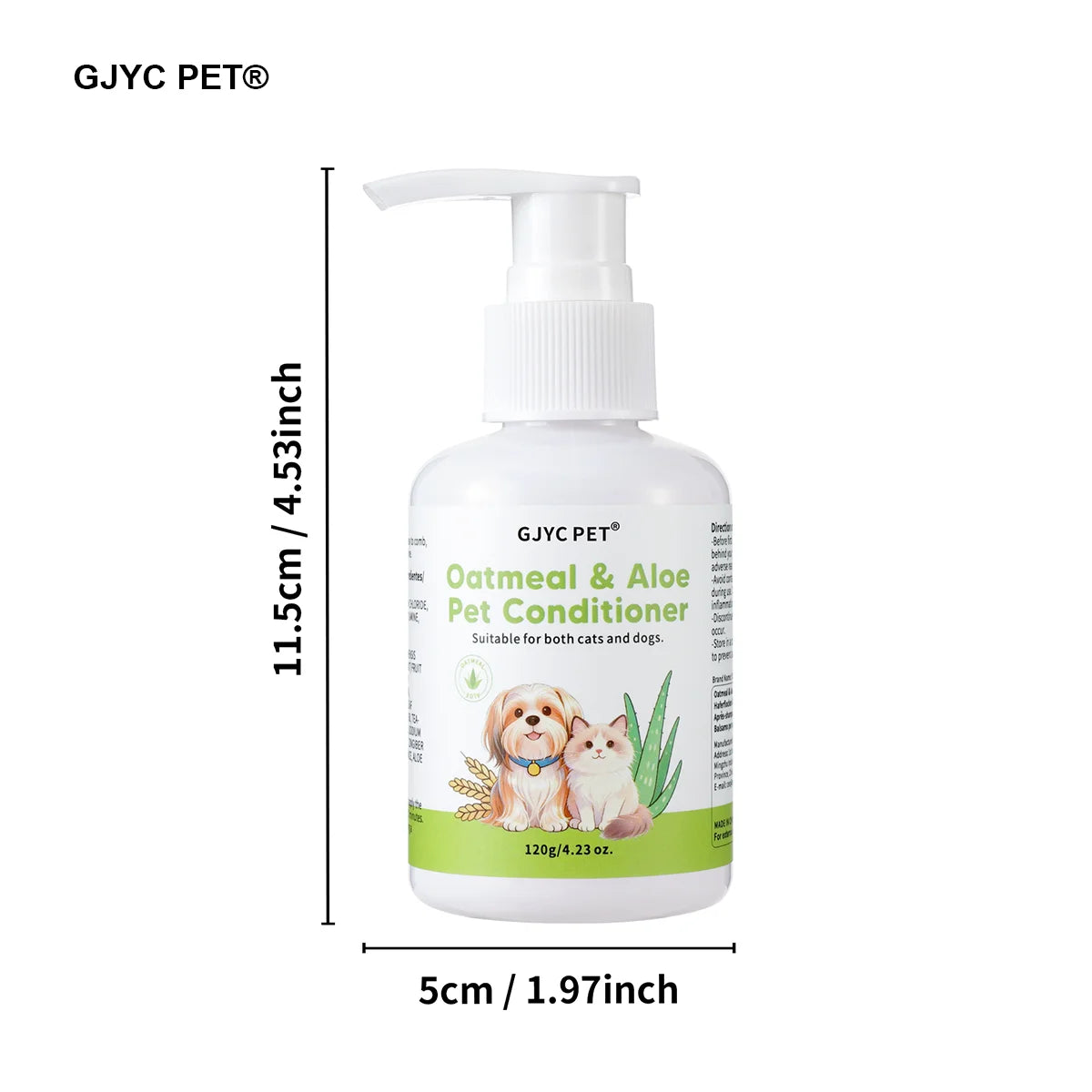 Natural oatmeal & aloe pet conditioner for cats and dogs, 120g bottle for a soft, shiny, and detangled coat.