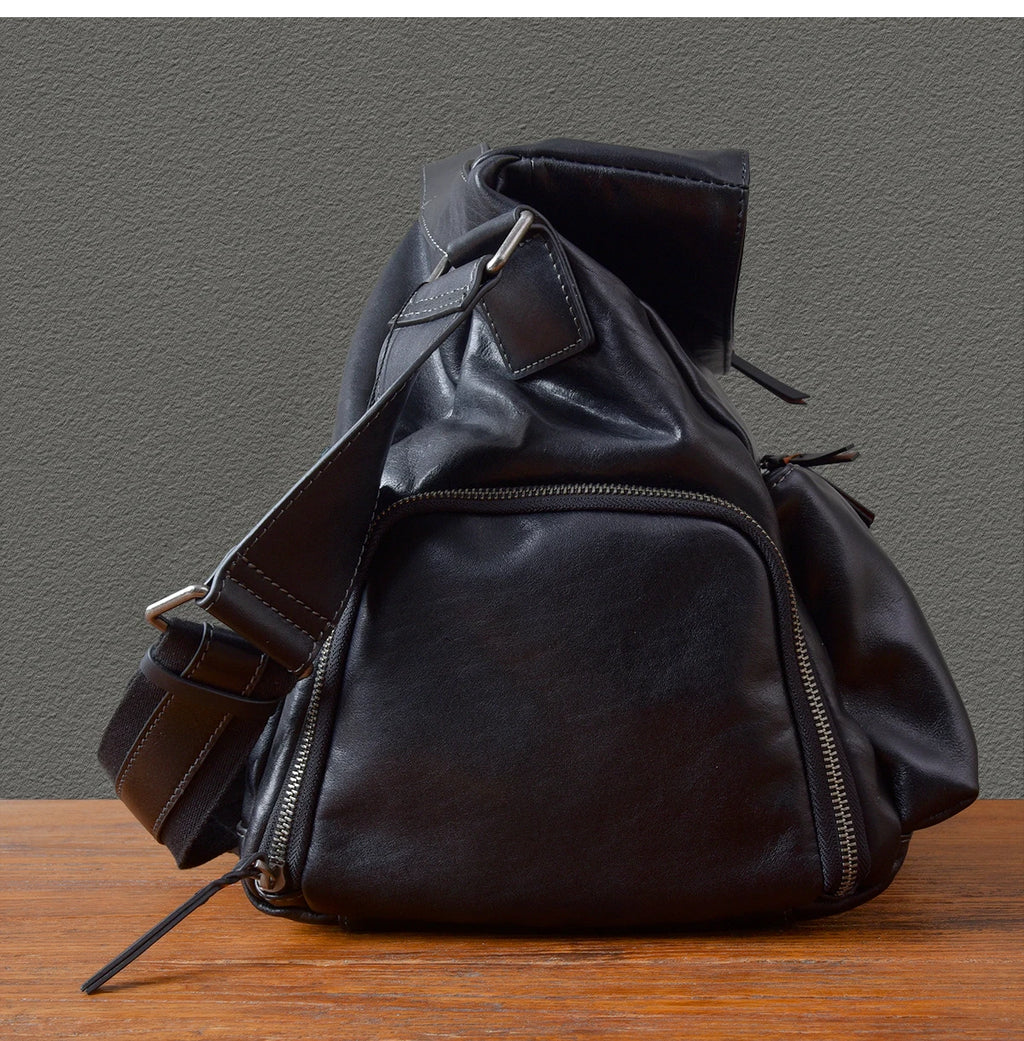 Retro Designer Men New Black Cowskin Genuine Leather Travel Bag Big Capacity Casual Tote Handbag Single Shoulder Crossbody Bag