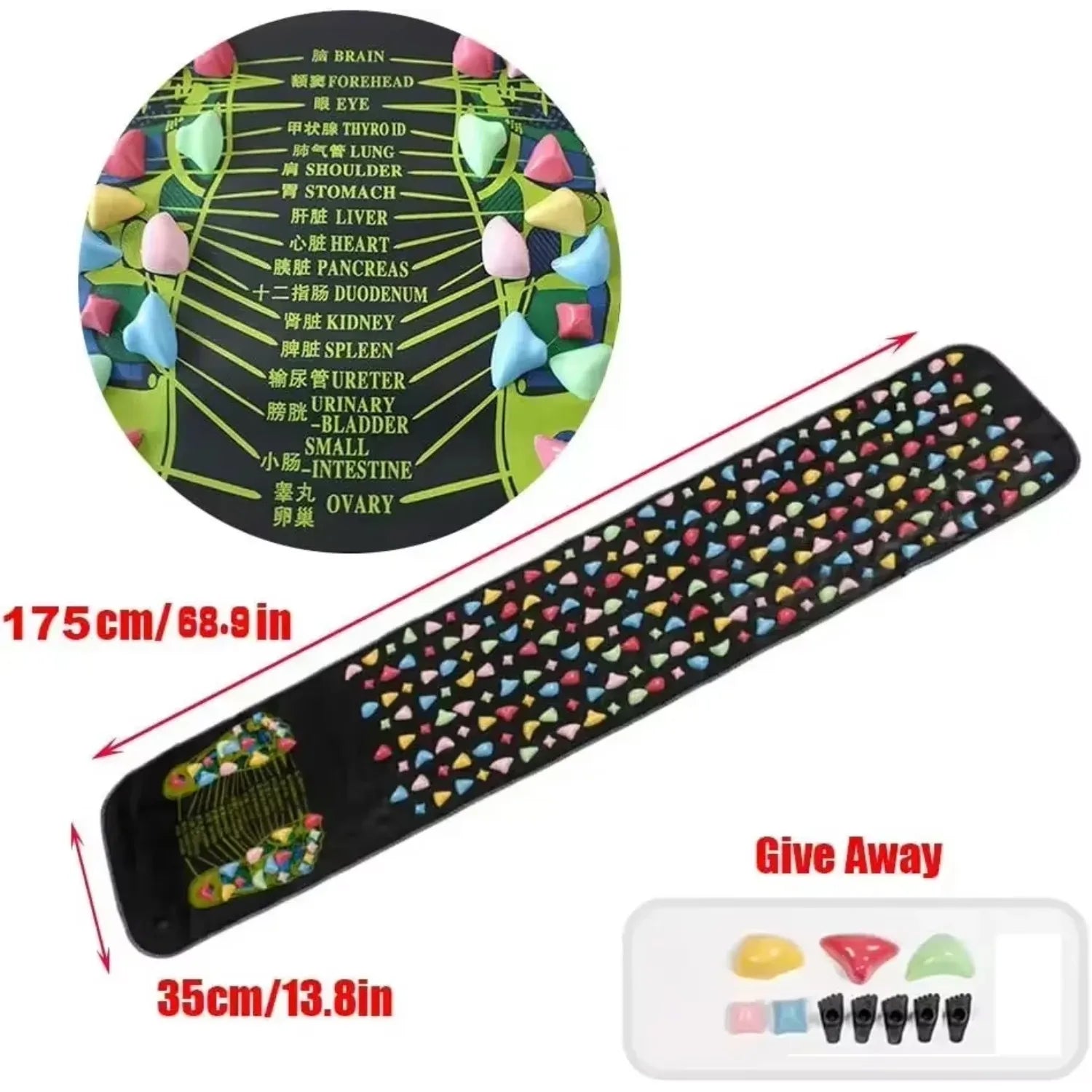 175cm reflexology acupressure foot massage pad with colorful pressure stones and body organ reflex points chart.