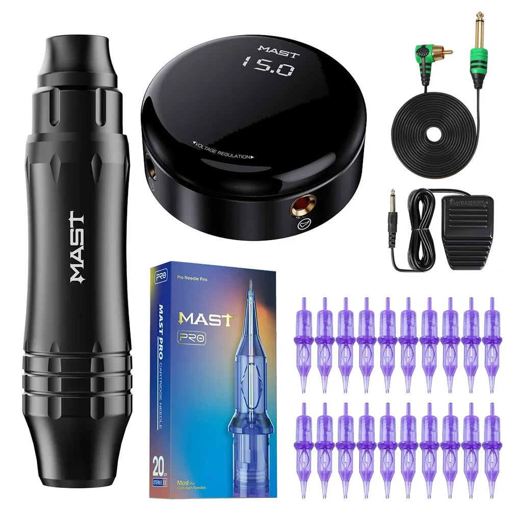 Black tattoo pen, circular voltage power supply, foot pedal, power cord, and twenty purple cartridge needles.