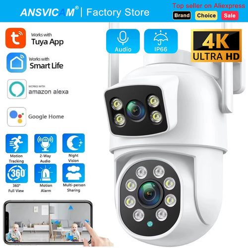 White outdoor PTZ WiFi security camera with dual lenses and protective housing