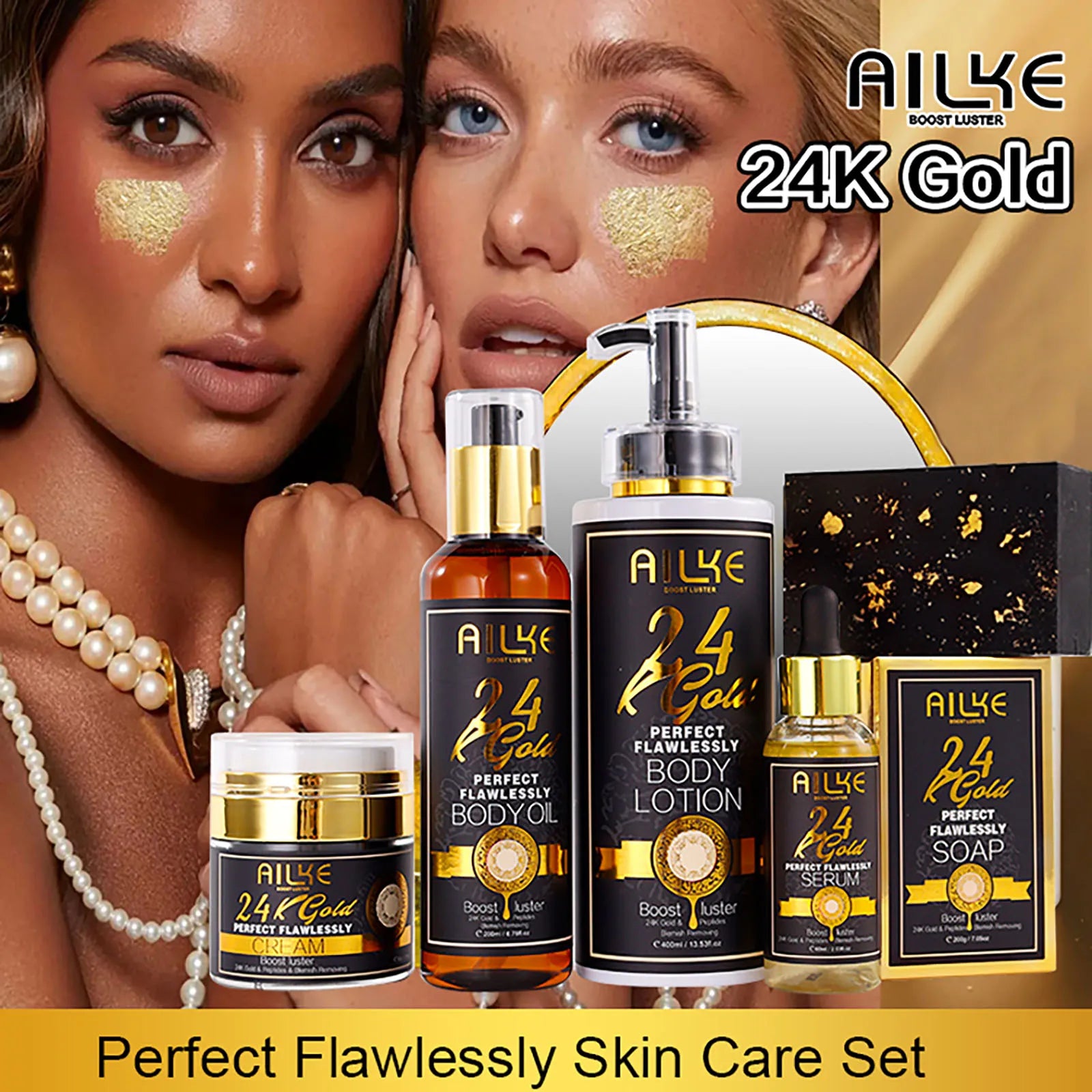 AILKE 24k Gold Flawlessly Whitening Skin Care Set For All Skin Type, Moisturizer, Reduce Black Spots, Smoothing, Brightening