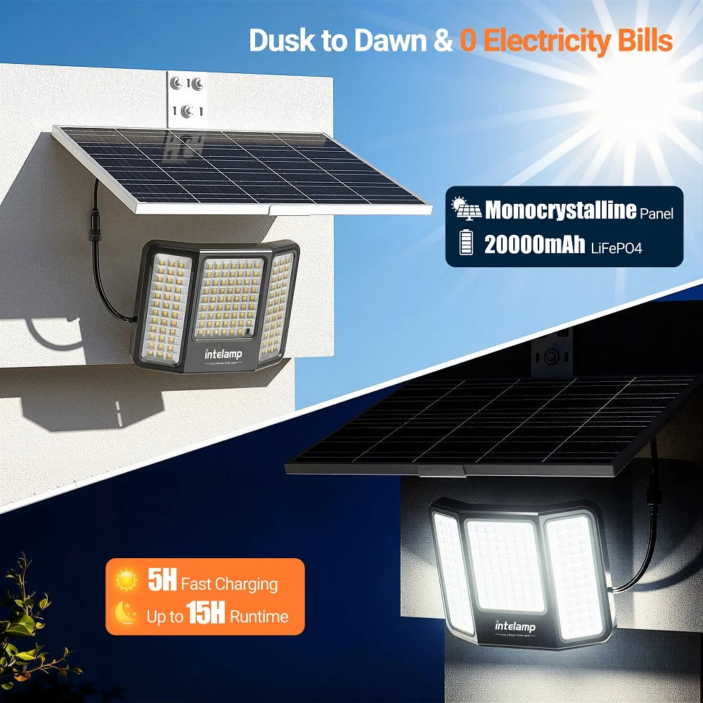 Outdoor Solar Flood Lights Dusk to Dawn 20000mAh Long Battery Life 3 Colors Floodlight With Super Large Solar Panel 16.4 FT Cable Security Spotlights Waterproof For Yard Garden Backyard Porch Driveway