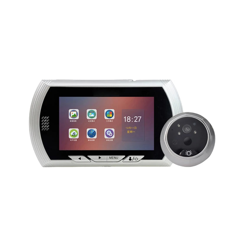 Smart digital door peephole camera viewer in silver with 18:27 display and outdoor camera lens