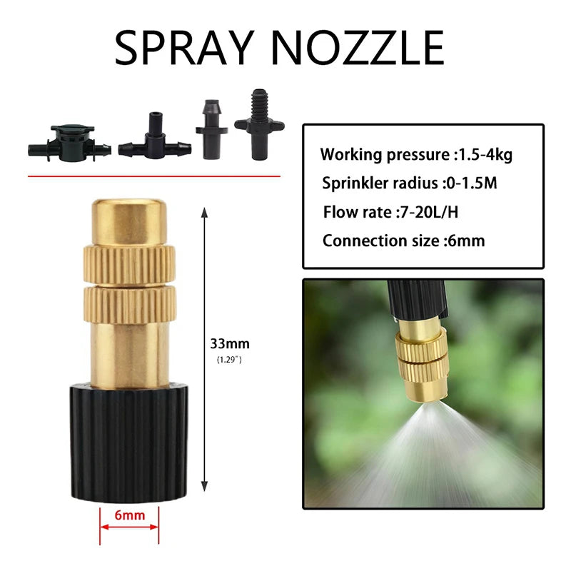 Adjustable brass mist nozzle tee connector showing mist spray direction and outlet