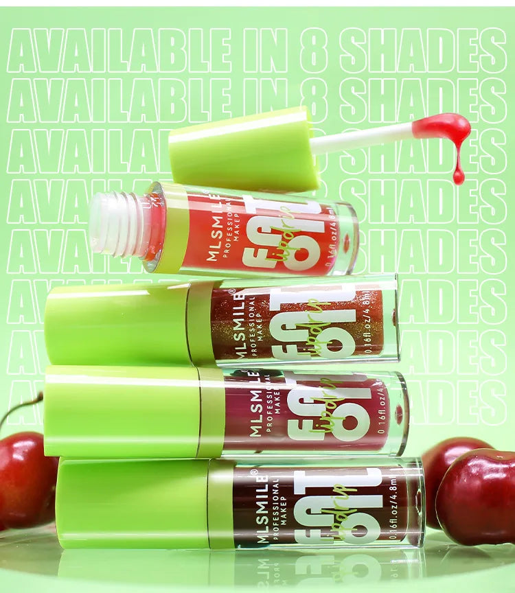 Moisturizing glitter lip plumper gloss set with cherry accents, available in 8 nutritious, high-shine liquid shades.