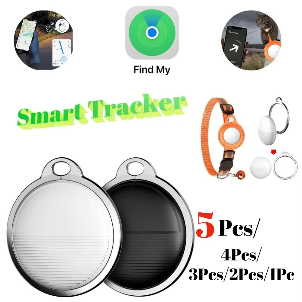 Smart GPS tracker for pet collars, compatible with Apple Find My. Mini white and black locator for dog and cat safety.