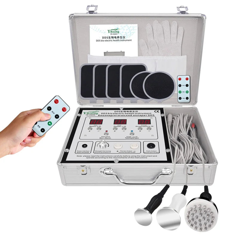 DDS bio-electric body therapy massage kit in a portable silver case with remote, electrode pads, and massage probes.