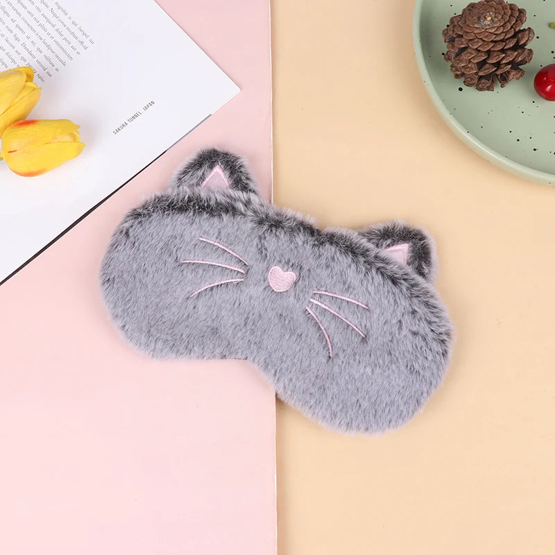 1PCS Plush Cute Grey Cat Eye Mask Sleeping Mask Eye Shade Cover Blindfold Eyeshade Eyepatch Suitable for Travel Home Gift