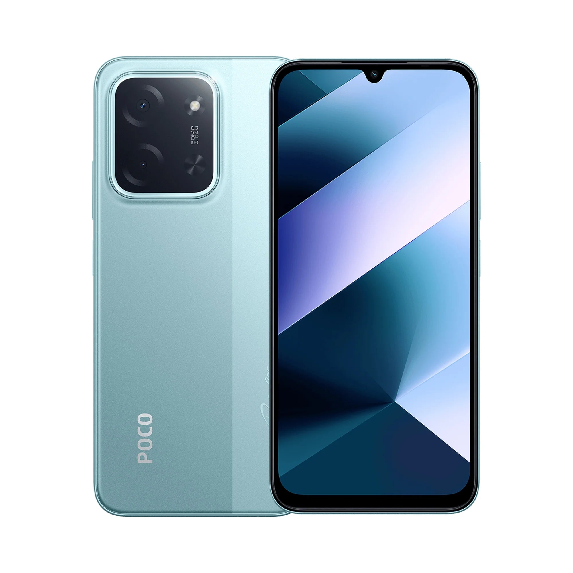 Poco C65 light blue smartphone, showing the front display and back camera module.