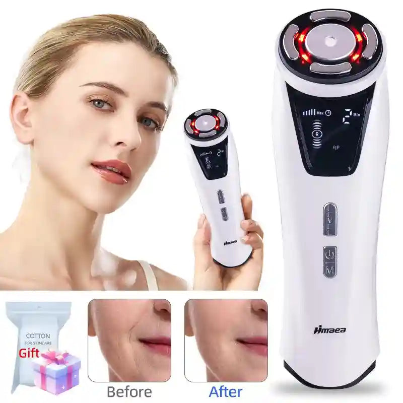 Mini HIFU RF and EMS facial beauty device for anti-wrinkle skin firming with digital display and red light therapy.