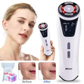 Mini HIFU RF and EMS facial beauty device for anti-wrinkle skin firming with digital display and red light therapy.