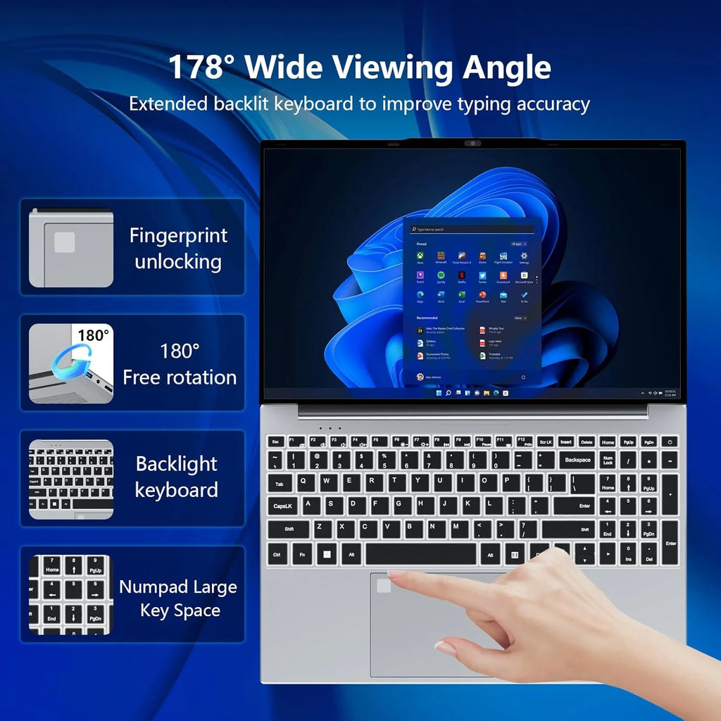 15.6' Windows 11 Laptop Computer Intel Core I9 9900 16GB RAM 1TB SSD Laptops Office Computer PC Fingerprint Unlock Notebook