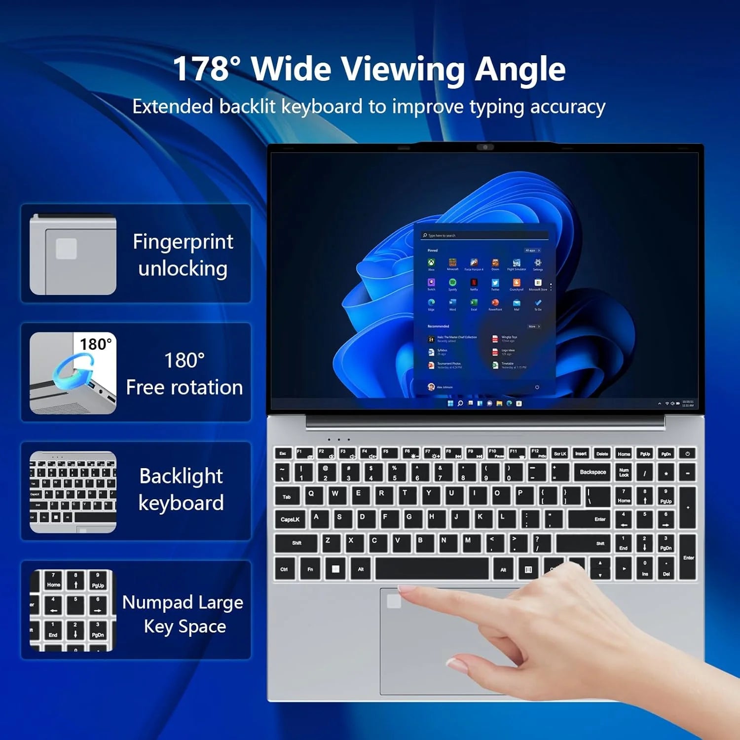 15.6' Windows 11 Laptop Computer Intel Core I9 9900 16GB RAM 1TB SSD Laptops Office Computer PC Fingerprint Unlock Notebook