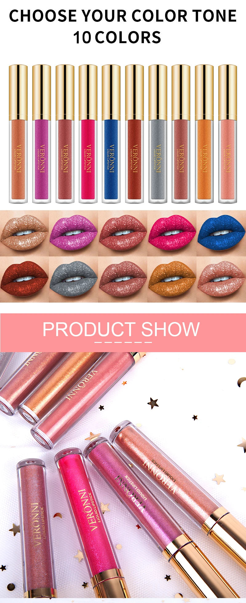 10-color diamond shimmer liquid lipstick set. Waterproof, glittery pearl lip makeup for a high-shine metallic finish.