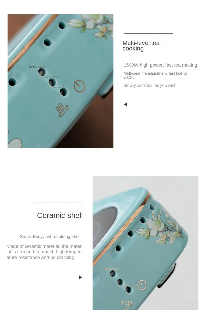 Blue ceramic electric tea stove with floral print, 1500W power, and multi-level temperature control interface.